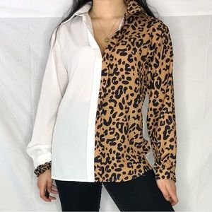 Women’s White Split Cheetah Button Down Long Sleeve Top size L